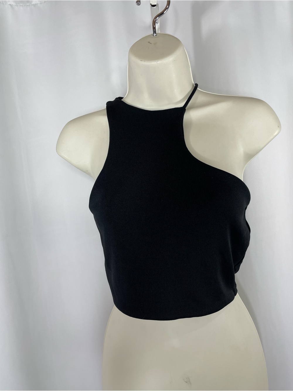 Bershka Black One Shoulder Crop Top Ribbed Asymmetrical Tank Size Large